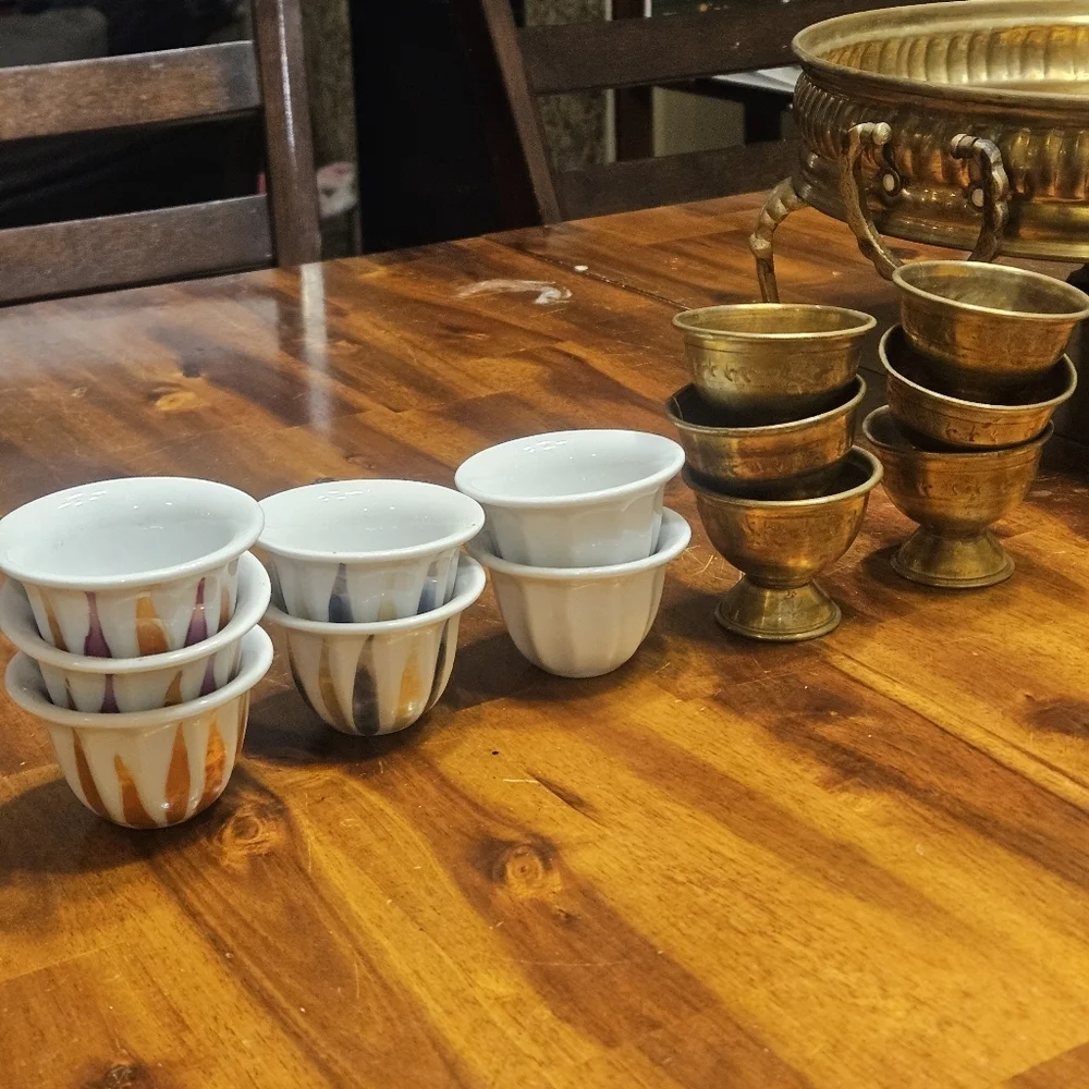 Brass Tea Set Arabian Jewish Coffee Pot Antique Set of 11 Cups w/ Tray Tea Pot